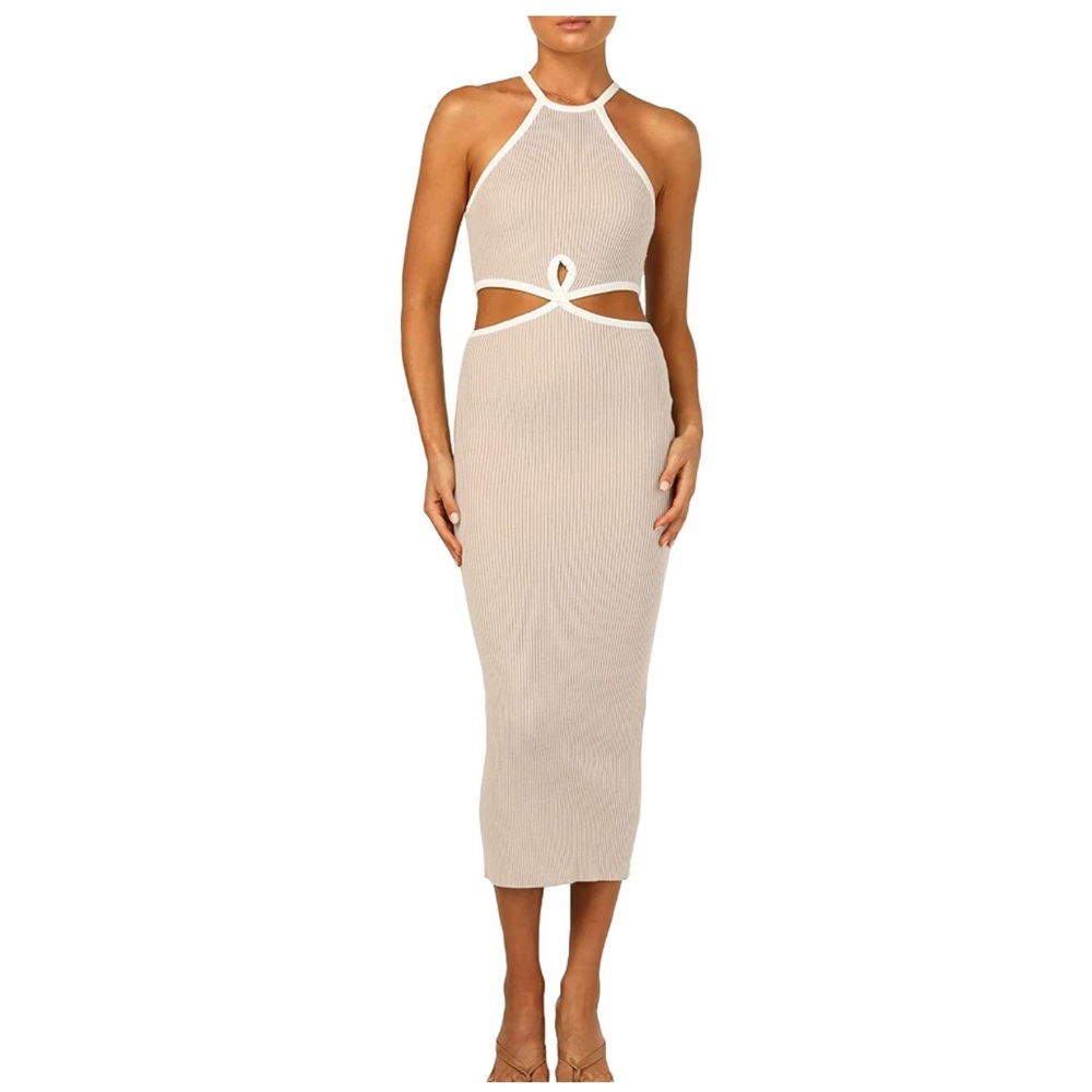 KMOLY Cut Out Bodycon Midi Tank Dress Tan & White Size Small